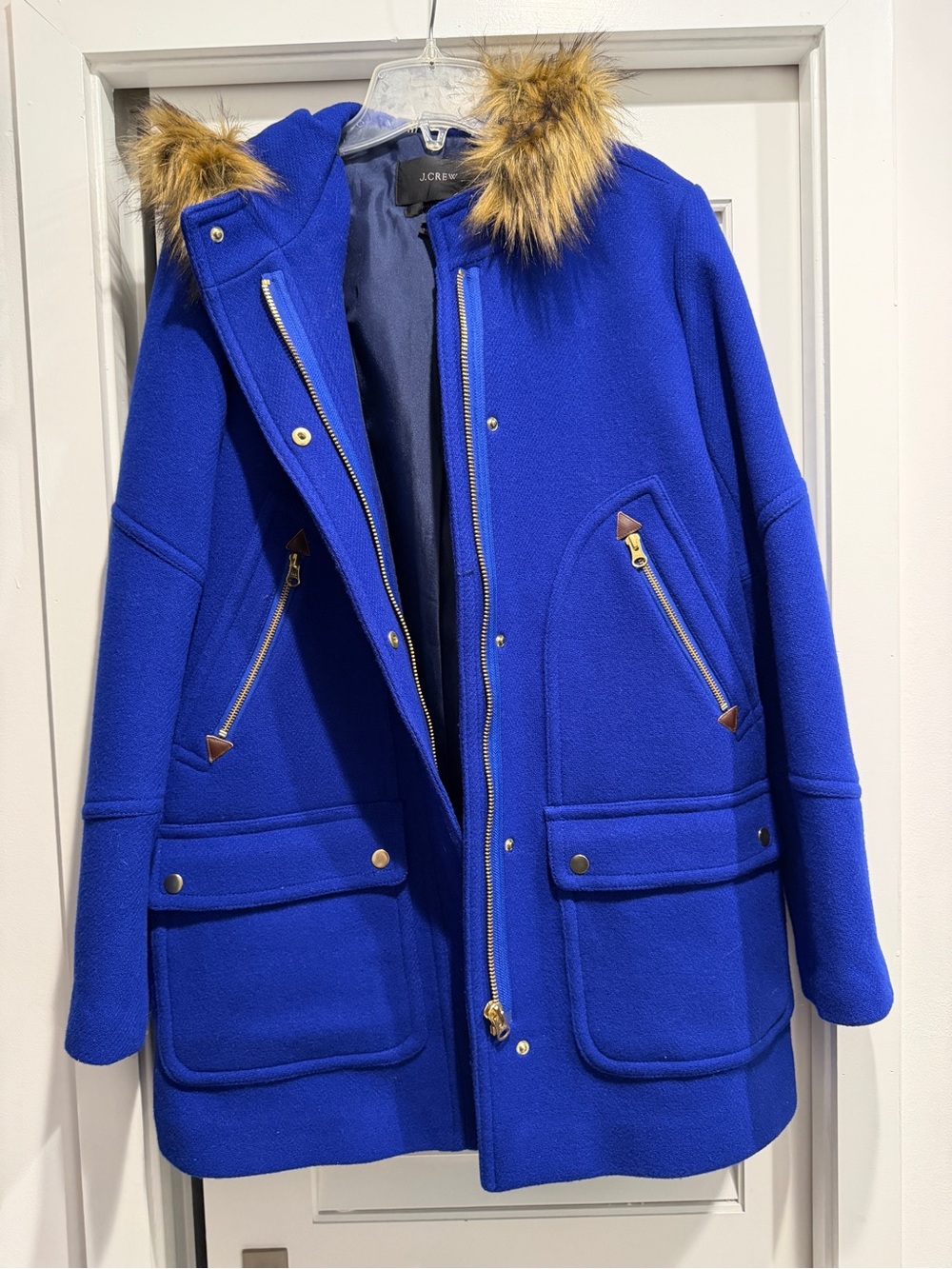 J. Crew Blue Italian Wool Pea Coat with Removable Faux Fur Trim- 14